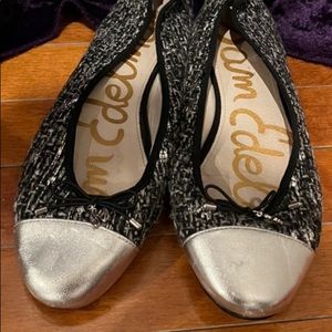 Sam Edelman black/silver tweed flats, gently worn, no box